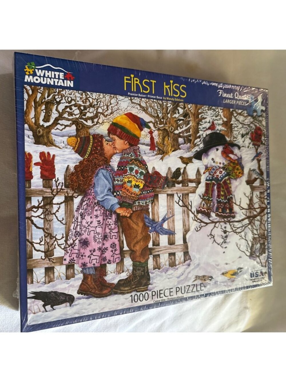 First Kiss 1000 Piece Jigsaw Puzzle White Mountain Winter Scene Kids Snowman